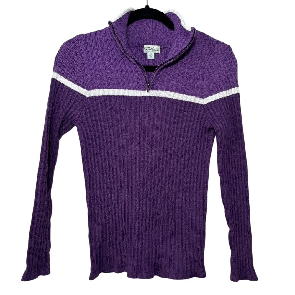 Great Northwest Half-Zip Ribbed Sweater Purple Color Block w/White Strip - Picture 3 of 13